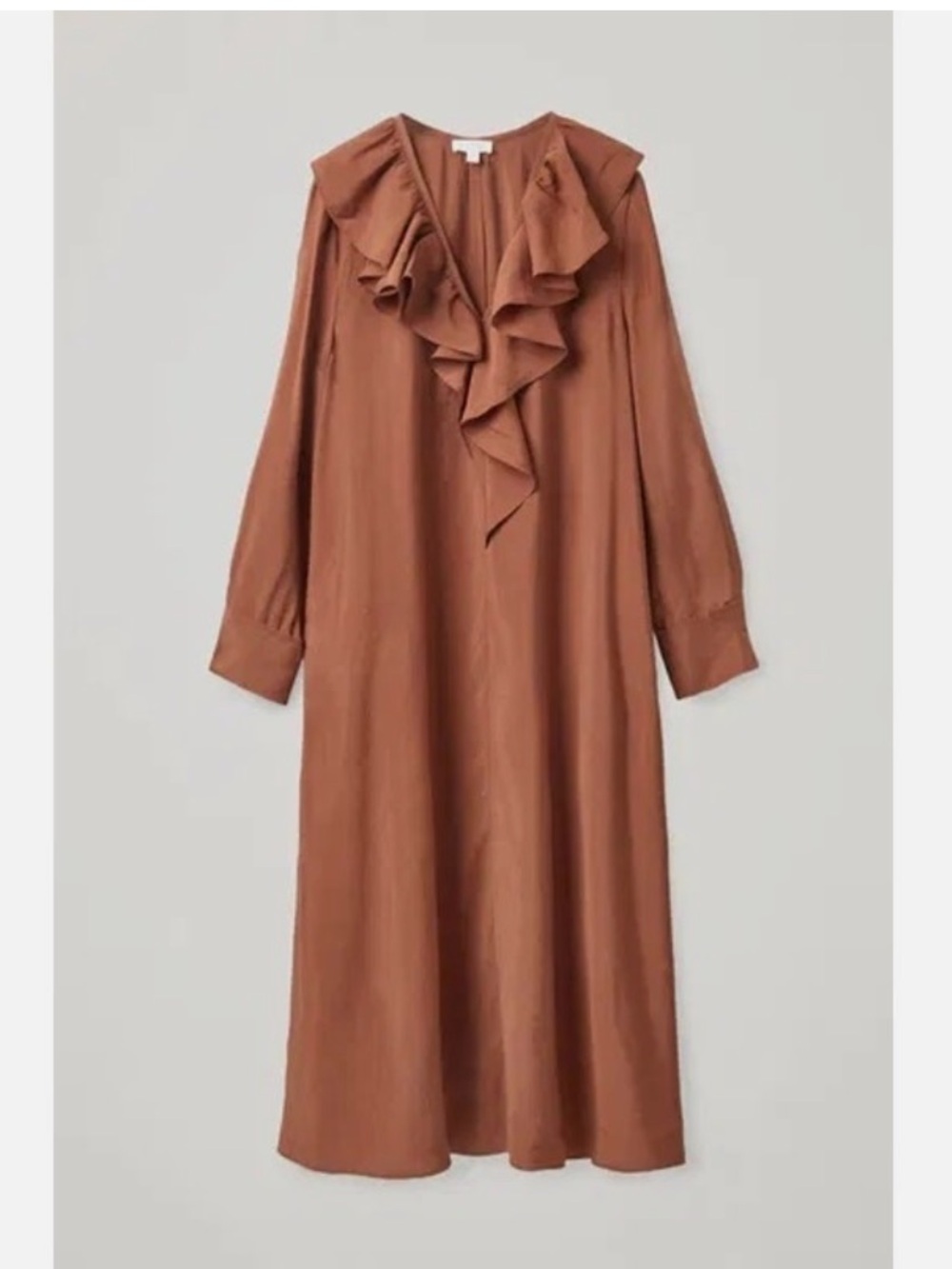 COS Allmira Dress Ruffled V-Neck Maxi Dress in Warm Fall Brown